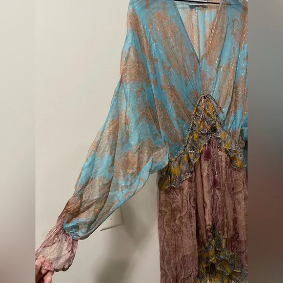 Zimmerman Realm Plunge Draw Bohemian Paisley Silk Ruffle High Low Dress Large